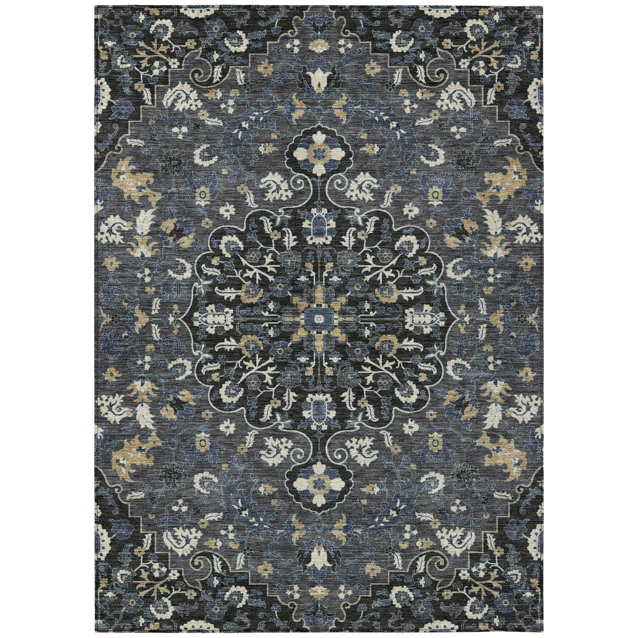 5' X 8' Black And Charcoal Floral Medallion Washable Indoor Outdoor Area Rug Homeroots Outdoor