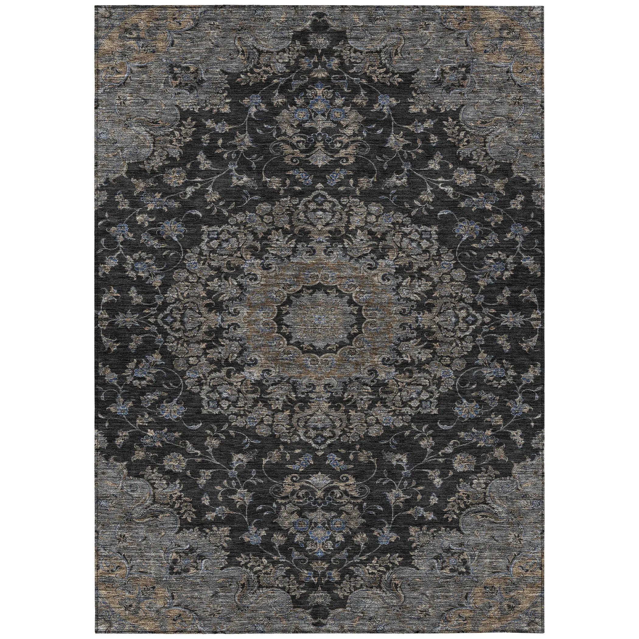 5' X 8' Black And Charcoal Floral Medallion Washable Indoor Outdoor Area Rug Homeroots Outdoor