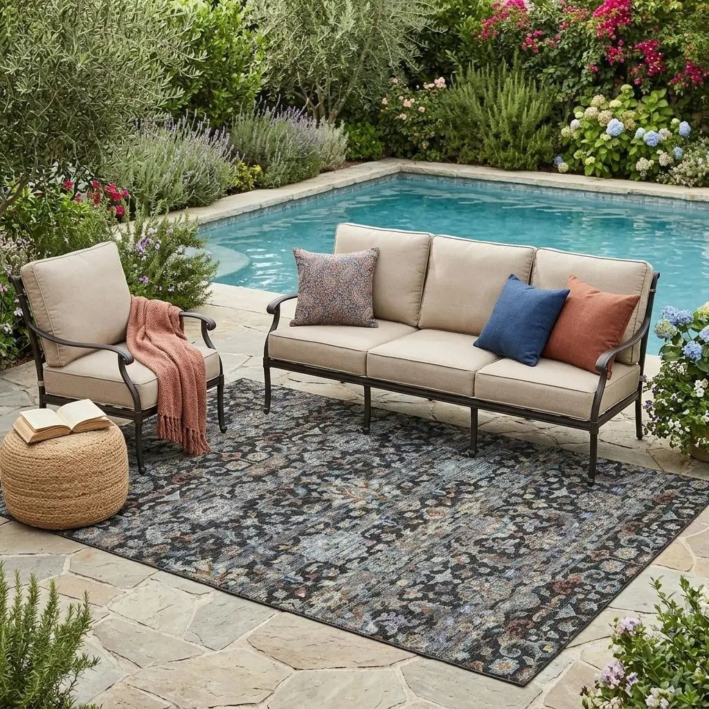 5' X 8' Black And Charcoal Floral Medallion Washable Indoor Outdoor Area Rug Homeroots Outdoor