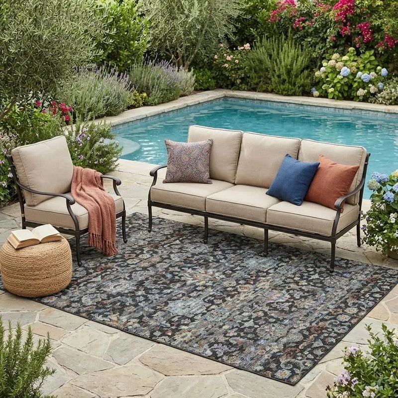 5' X 8' Black And Charcoal Floral Medallion Washable Indoor Outdoor Area Rug Homeroots Outdoor