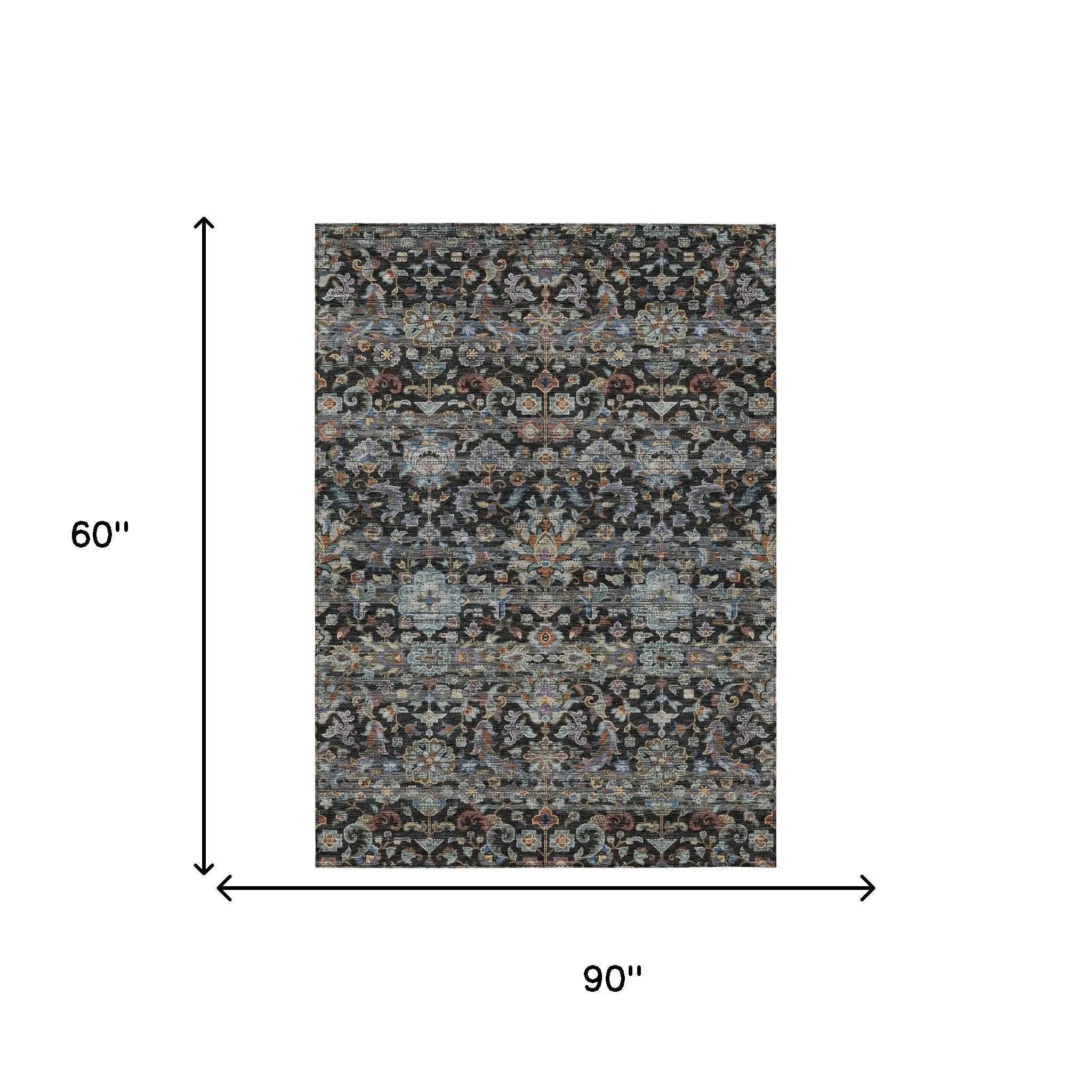 5' X 8' Black And Charcoal Floral Medallion Washable Indoor Outdoor Area Rug Homeroots Outdoor
