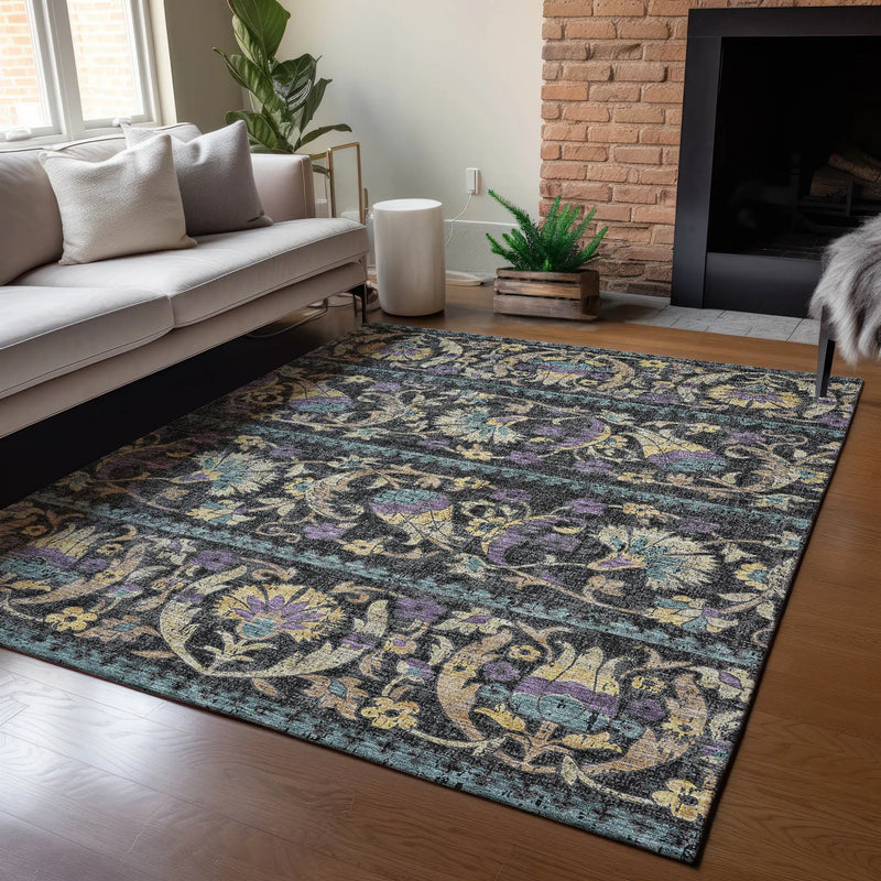 5' X 8' Black And Charcoal Floral Washable Indoor Outdoor Area Rug Homeroots Outdoor