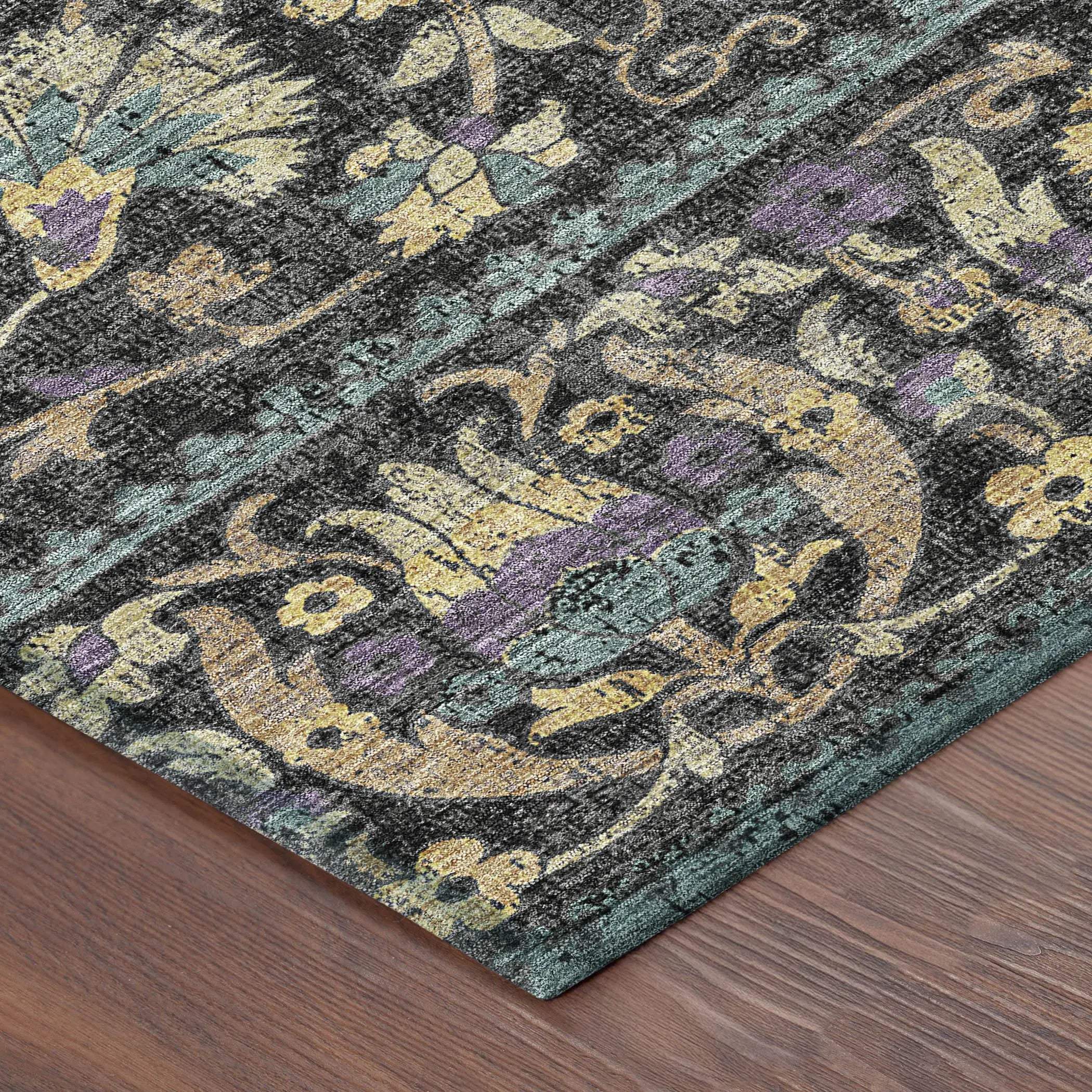 5' X 8' Black And Charcoal Floral Washable Indoor Outdoor Area Rug Homeroots Outdoor