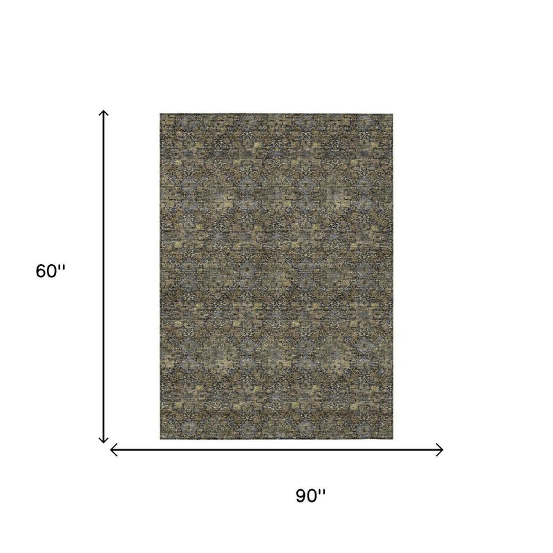 5' X 8' Black And Coffee Damask Washable Indoor Outdoor Area Rug Homeroots Outdoor