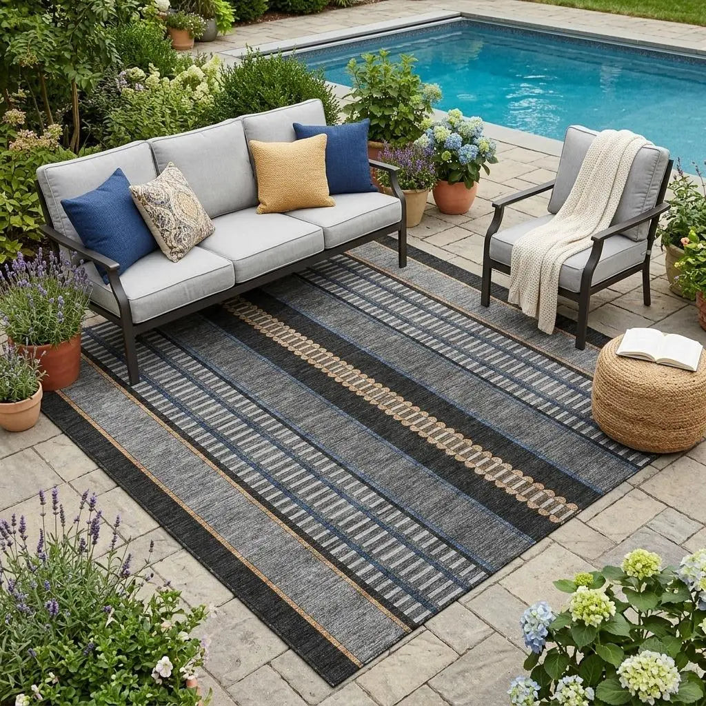 5' X 8' Black And Copper Striped Washable Indoor Outdoor Area Rug Homeroots Outdoor
