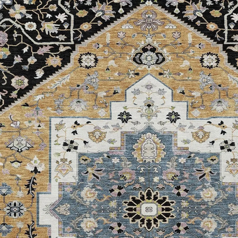 5' X 8' Black And Gold Floral Medallion Washable Indoor Outdoor Area Rug Homeroots Outdoor