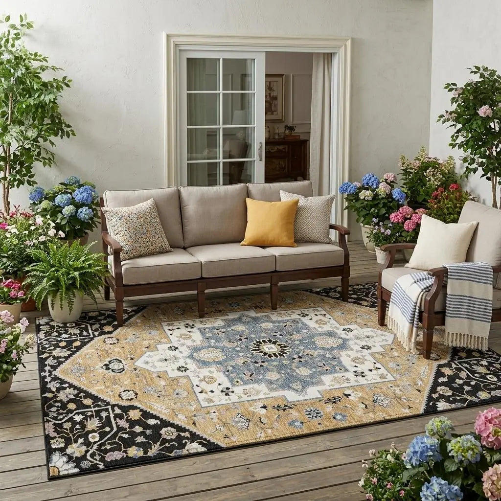 5' X 8' Black And Gold Floral Medallion Washable Indoor Outdoor Area Rug Homeroots Outdoor