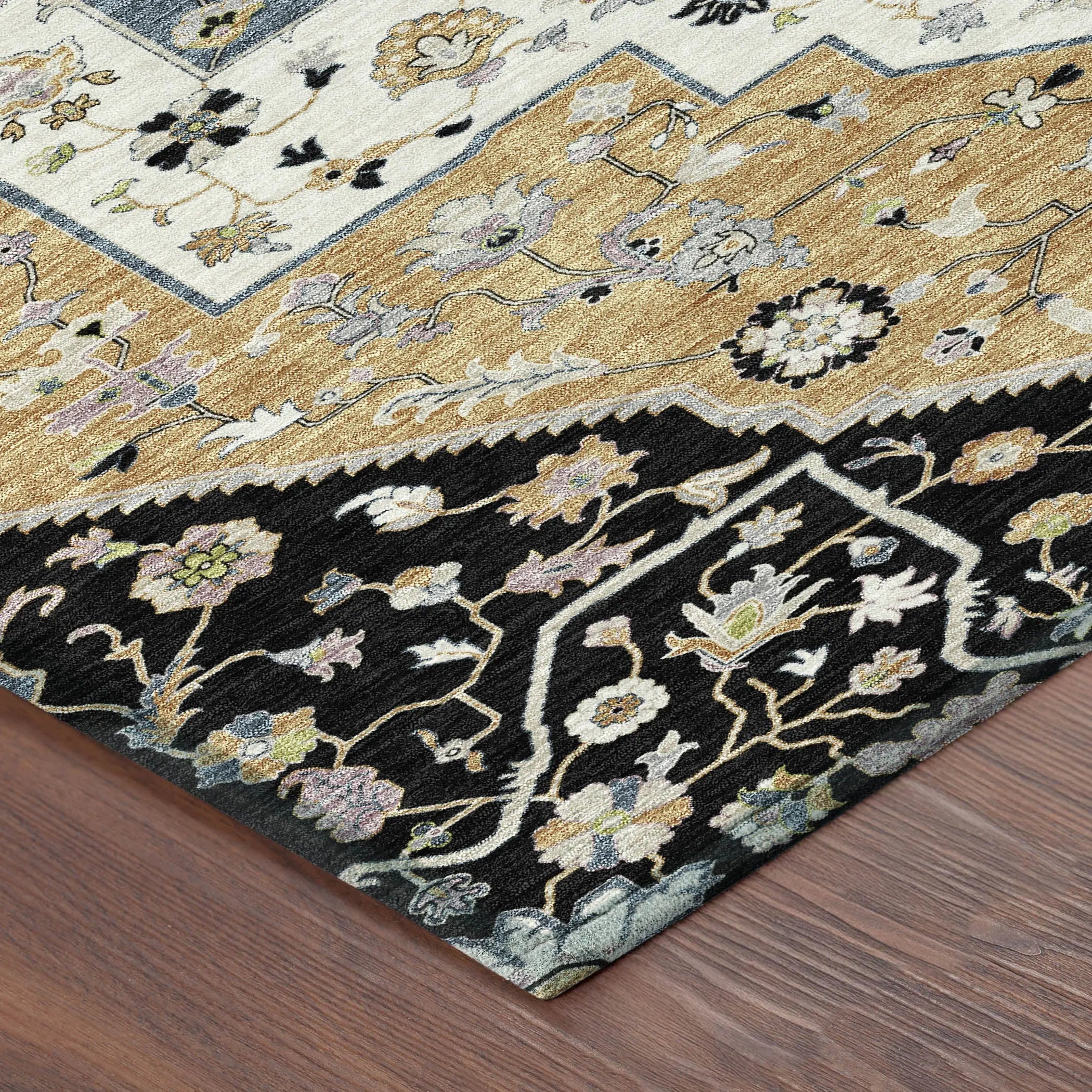 5' X 8' Black And Gold Floral Medallion Washable Indoor Outdoor Area Rug Homeroots Outdoor