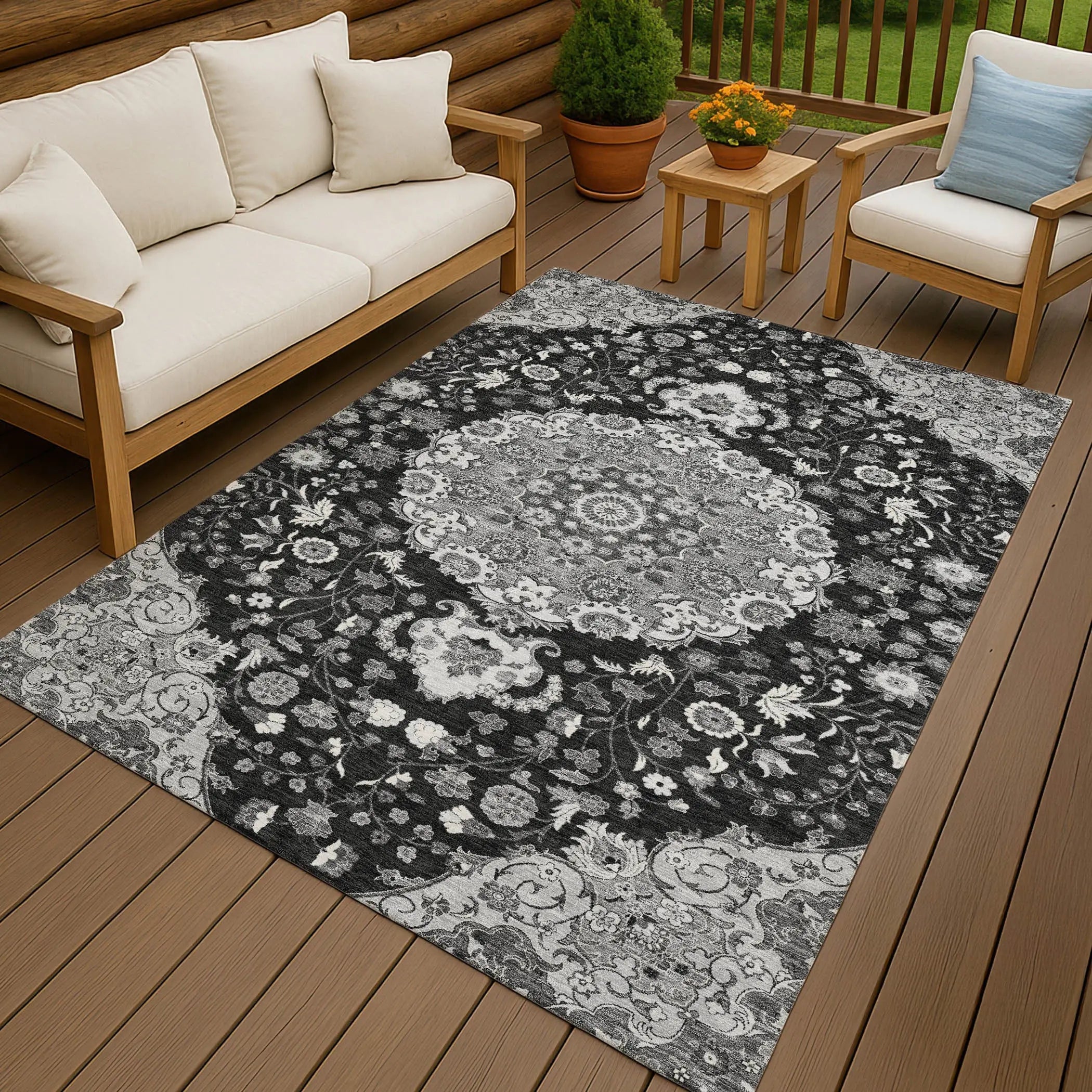 5' X 8' Black And Granite Gray Damask Washable Indoor Outdoor Area Rug Homeroots Outdoor