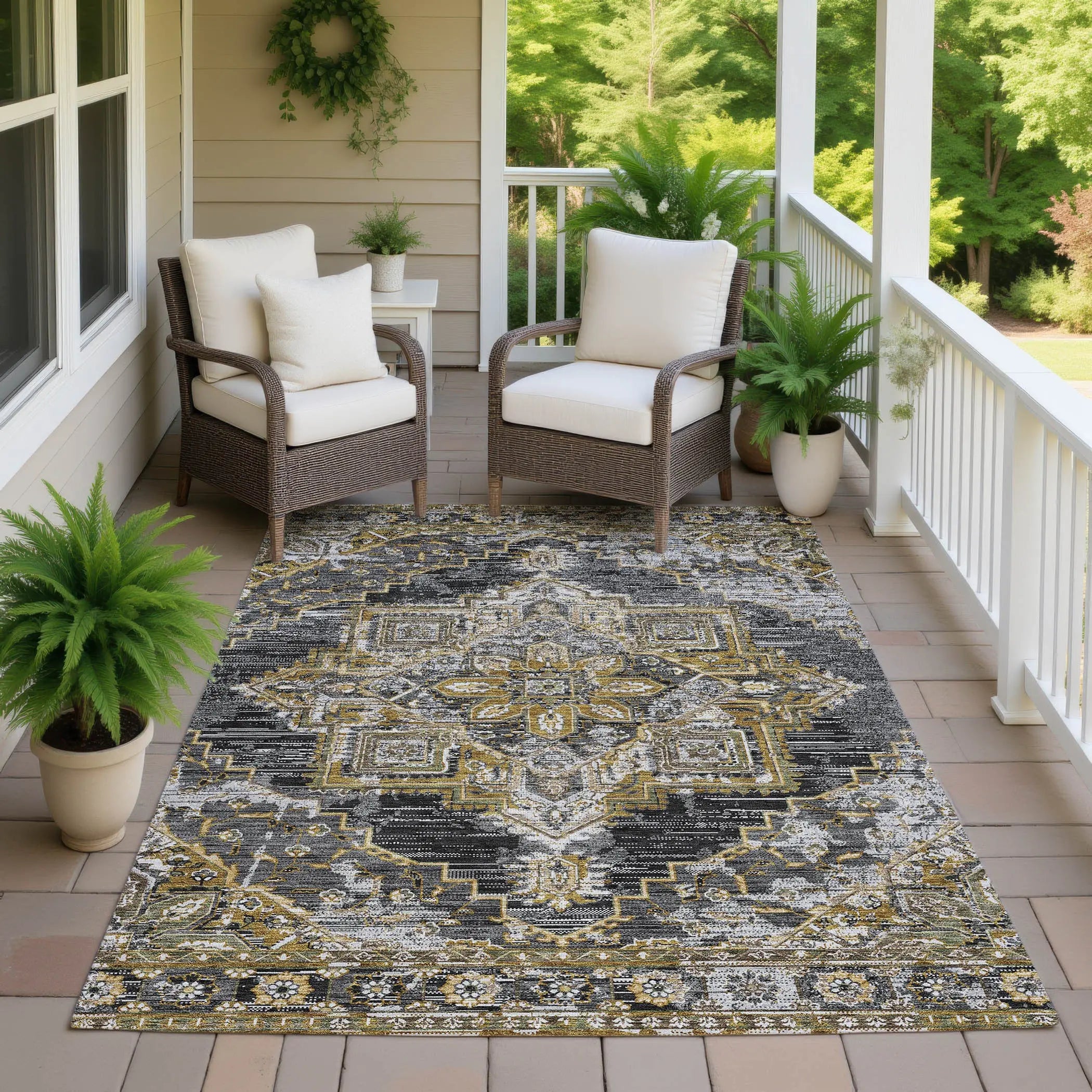 5' X 8' Black And Granite Gray Oriental Washable Indoor Outdoor Area Rug Homeroots Outdoor