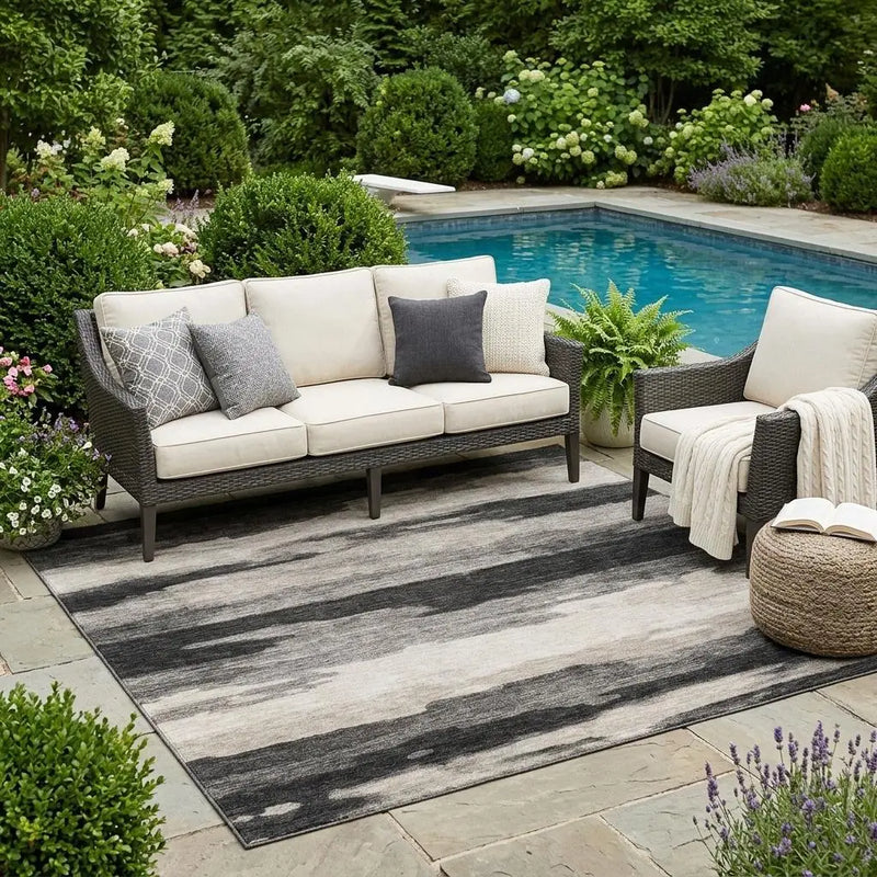 5' X 8' Black And Graphite Abstract Washable Indoor Outdoor Area Rug Homeroots Outdoor