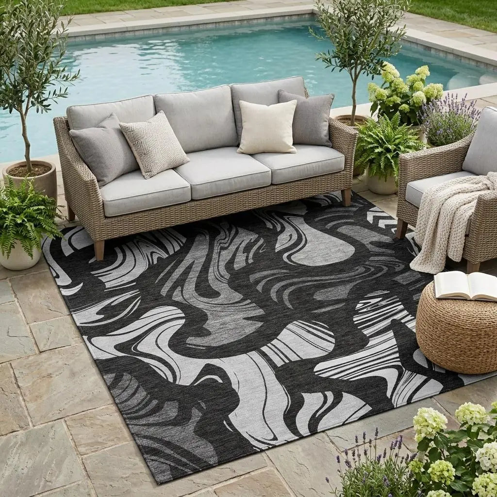5' X 8' Black And Graphite Abstract Washable Indoor Outdoor Area Rug Homeroots Outdoor