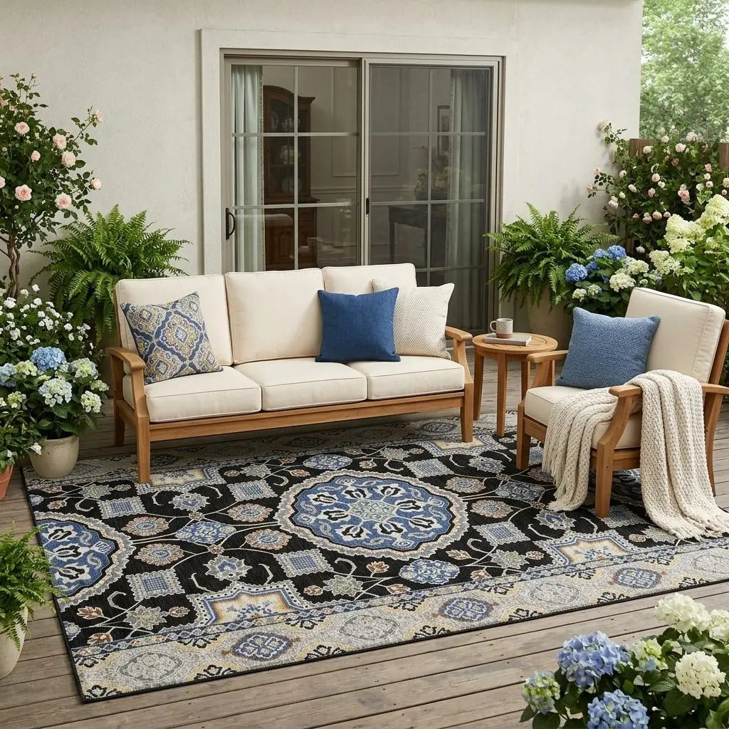5' X 8' Black And Graphite Floral Medallion Washable Indoor Outdoor Area Rug Homeroots Outdoor