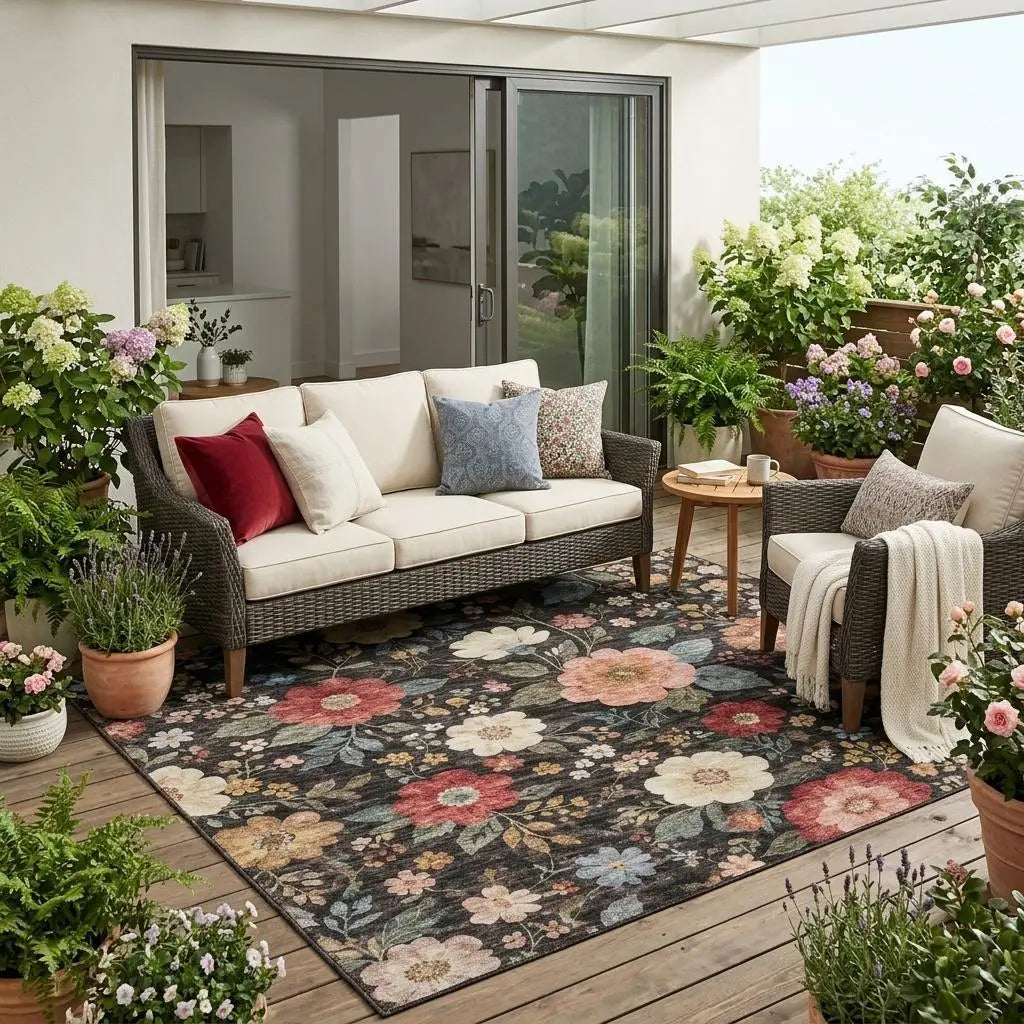 5' X 8' Black And Graphite Floral Washable Indoor Outdoor Area Rug Homeroots Outdoor