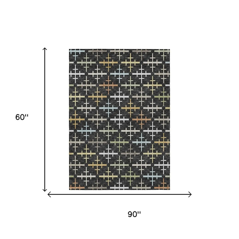 5' X 8' Black And Graphite Geometric Washable Indoor Outdoor Area Rug Homeroots Outdoor