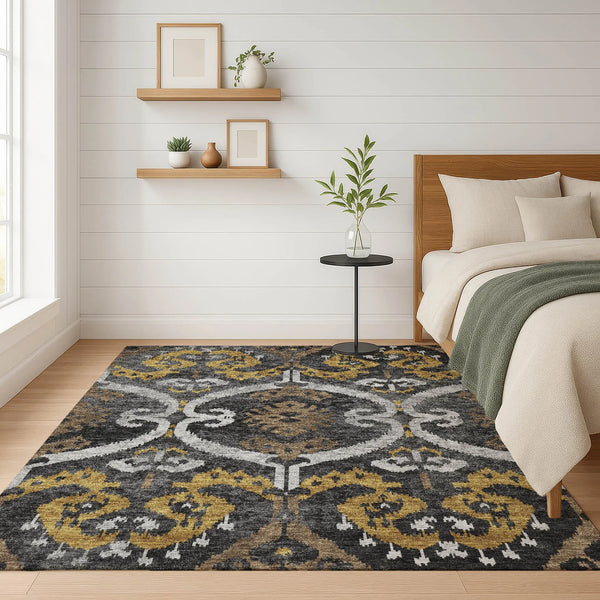 5' X 8' Black And Graphite Ikat Washable Indoor Outdoor Area Rug Homeroots Outdoor