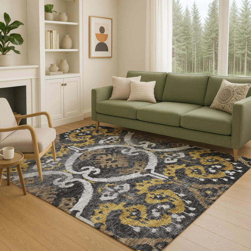 5' X 8' Black And Graphite Ikat Washable Indoor Outdoor Area Rug Homeroots Outdoor