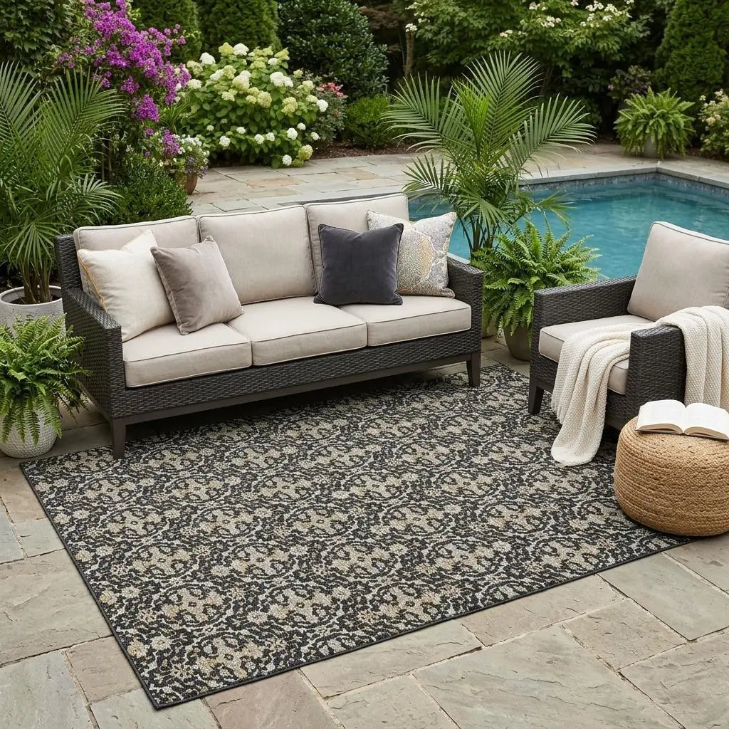 5' X 8' Black And Graphite Oriental Washable Indoor Outdoor Area Rug Homeroots Outdoor