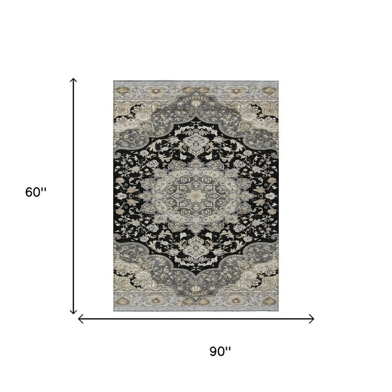 5' X 8' Black And Graphite Oriental Washable Indoor Outdoor Area Rug Homeroots Outdoor