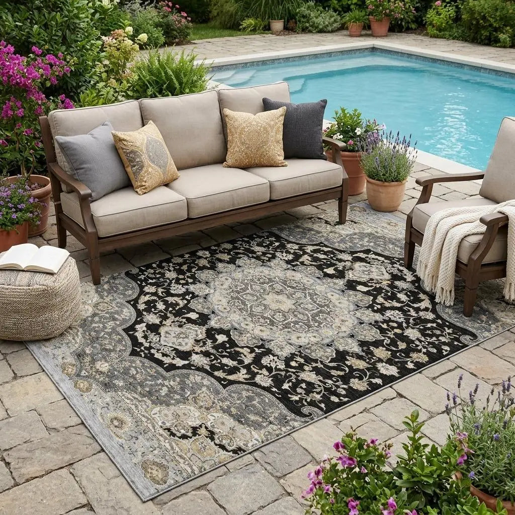 5' X 8' Black And Graphite Oriental Washable Indoor Outdoor Area Rug Homeroots Outdoor