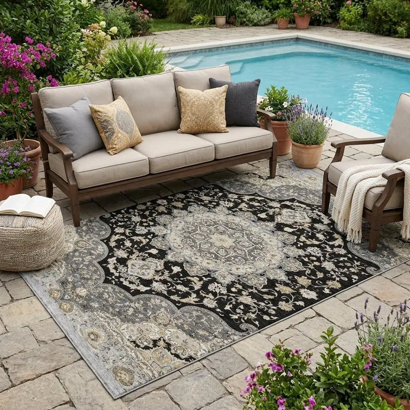 5' X 8' Black And Graphite Oriental Washable Indoor Outdoor Area Rug Homeroots Outdoor