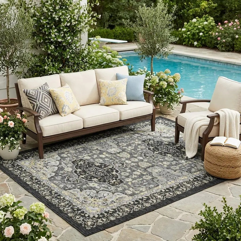 5' X 8' Black And Graphite Oriental Washable Indoor Outdoor Area Rug Homeroots Outdoor
