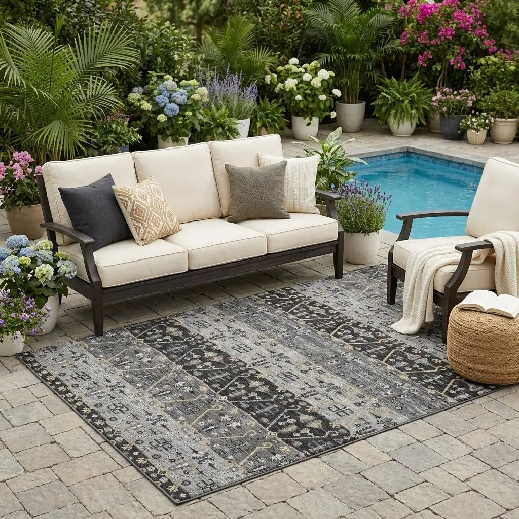 5' X 8' Black And Graphite Oriental Washable Indoor Outdoor Area Rug Homeroots Outdoor