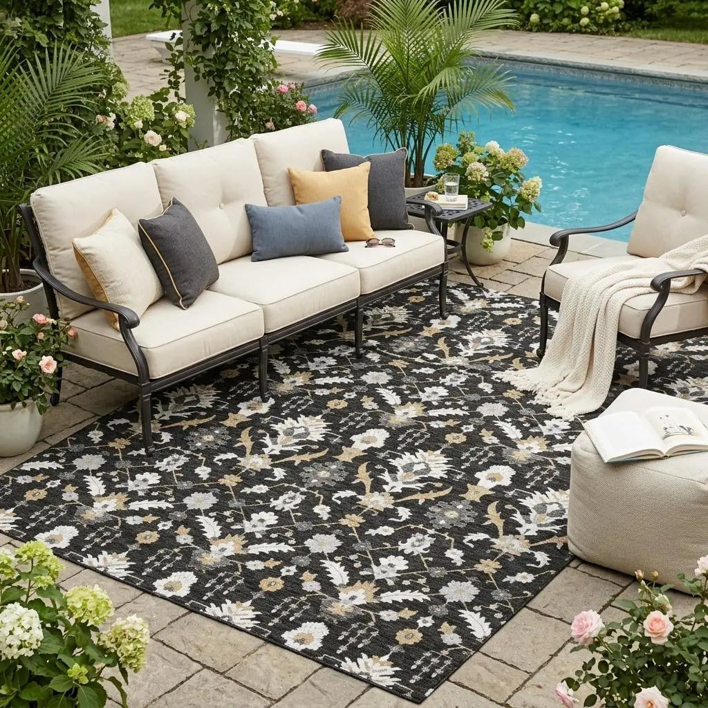 5' X 8' Black And Graphite Oriental Washable Indoor Outdoor Area Rug Homeroots Outdoor