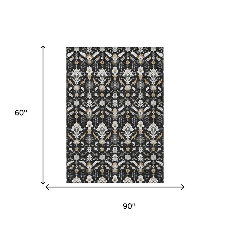 5' X 8' Black And Graphite Oriental Washable Indoor Outdoor Area Rug Homeroots Outdoor