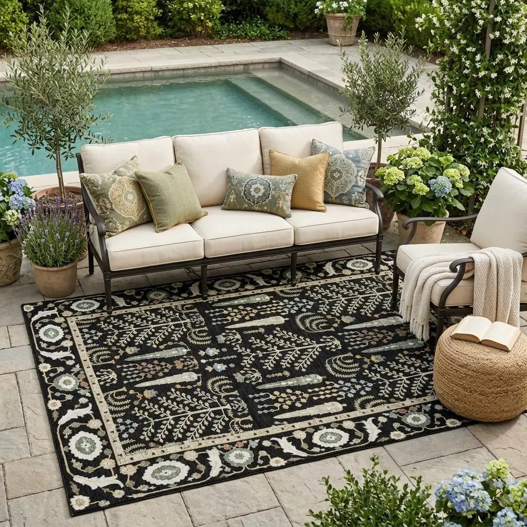 5' X 8' Black And Graphite Oriental Washable Indoor Outdoor Area Rug Homeroots Outdoor