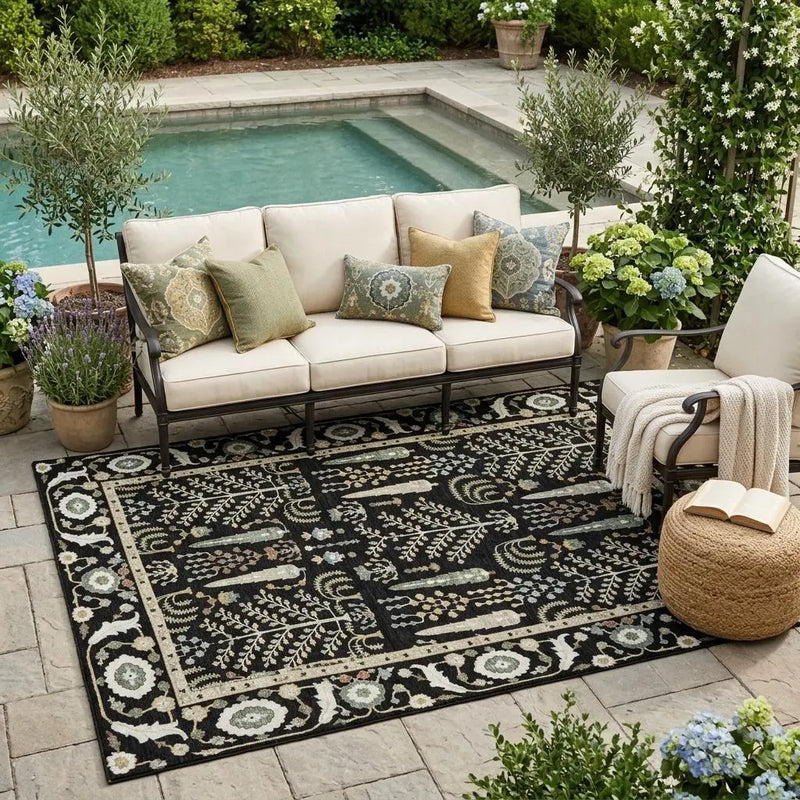 5' X 8' Black And Graphite Oriental Washable Indoor Outdoor Area Rug Homeroots Outdoor