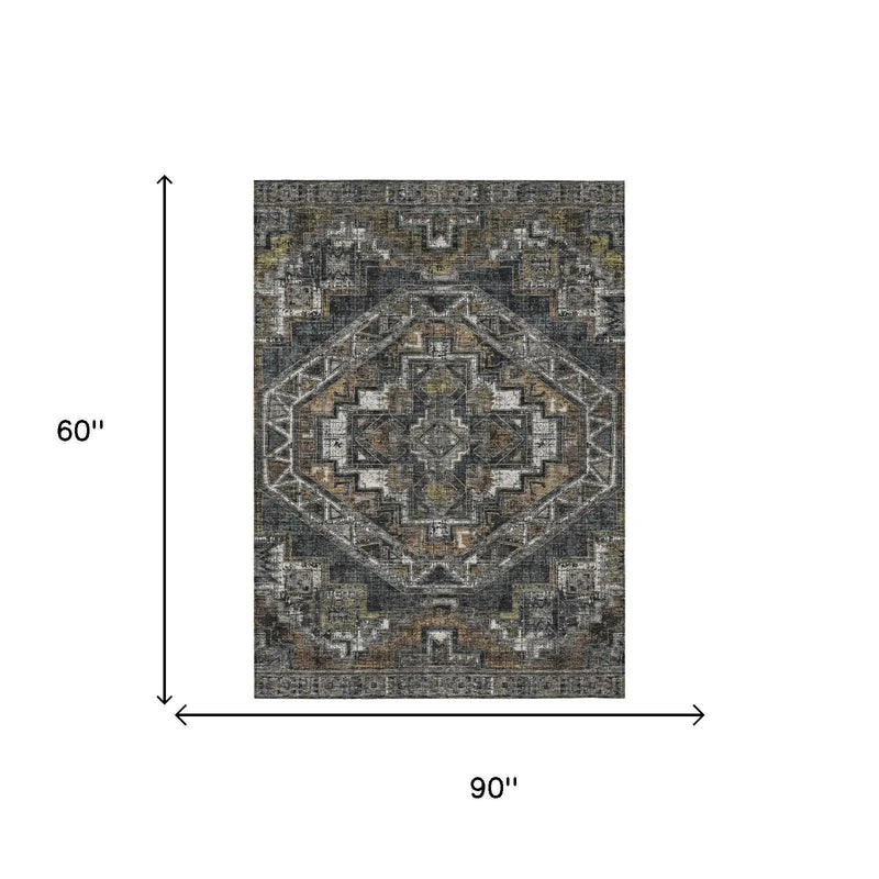 5' X 8' Black And Graphite Southwestern Washable Indoor Outdoor Area Rug Homeroots Outdoor