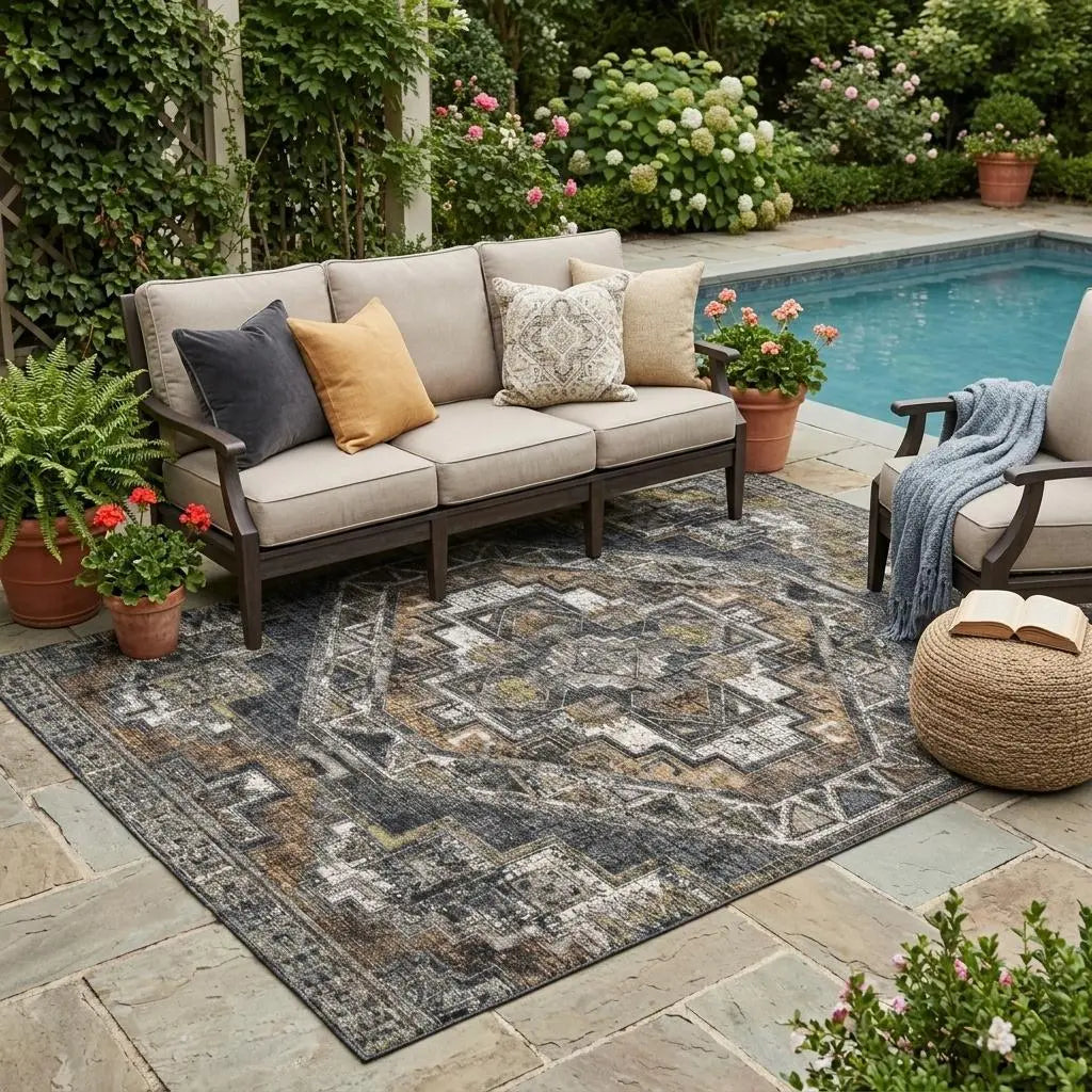 5' X 8' Black And Graphite Southwestern Washable Indoor Outdoor Area Rug Homeroots Outdoor