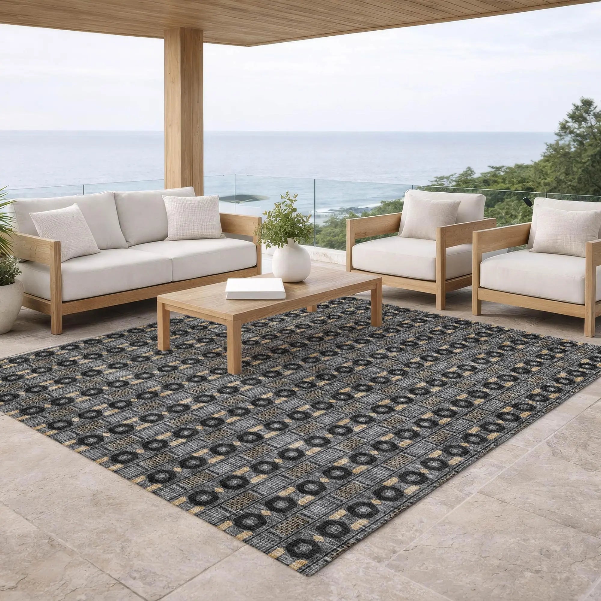 5' X 8' Black And Graphite Striped Washable Indoor Outdoor Area Rug Homeroots Outdoor