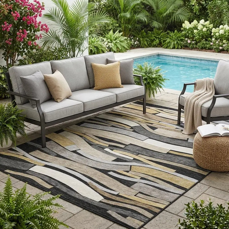 Gray outdoor sofa with throw pillows on a multicolored area rug by a pool, surrounded by lush greenery.
