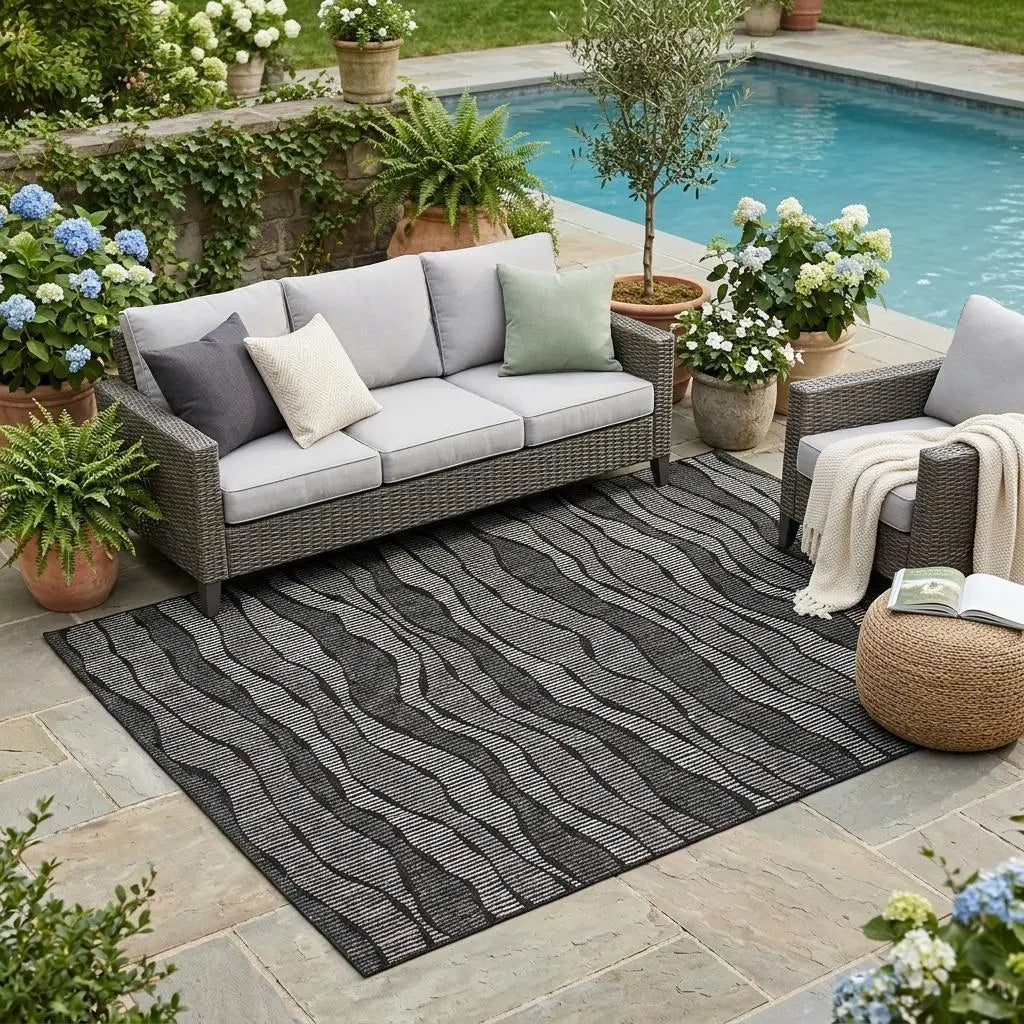 5' X 8' Black And Graphite Striped Washable Indoor Outdoor Area Rug Homeroots Outdoor