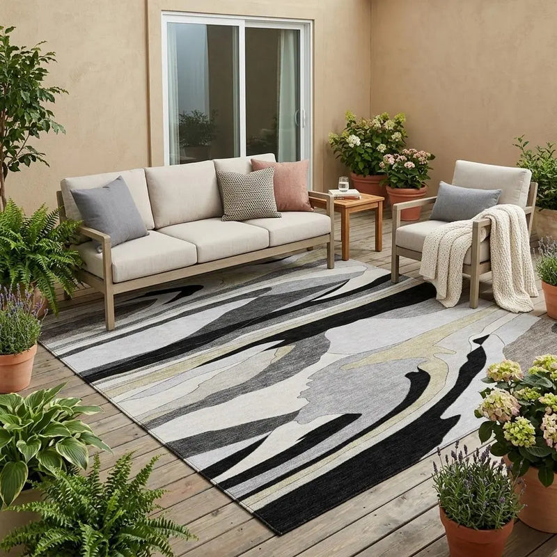 5' X 8' Black And Gray Abstract Washable Indoor Outdoor Area Rug Homeroots Outdoor