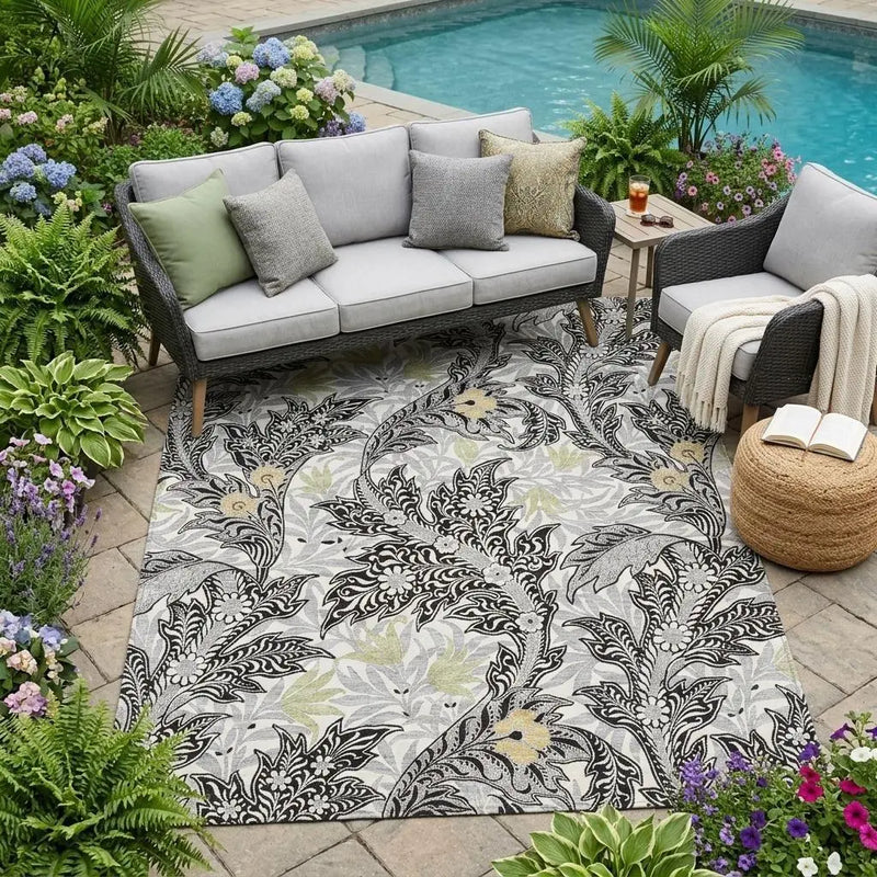 5' X 8' Black And Gray Botanical Leaves Washable Indoor Outdoor Area Rug Homeroots Outdoor