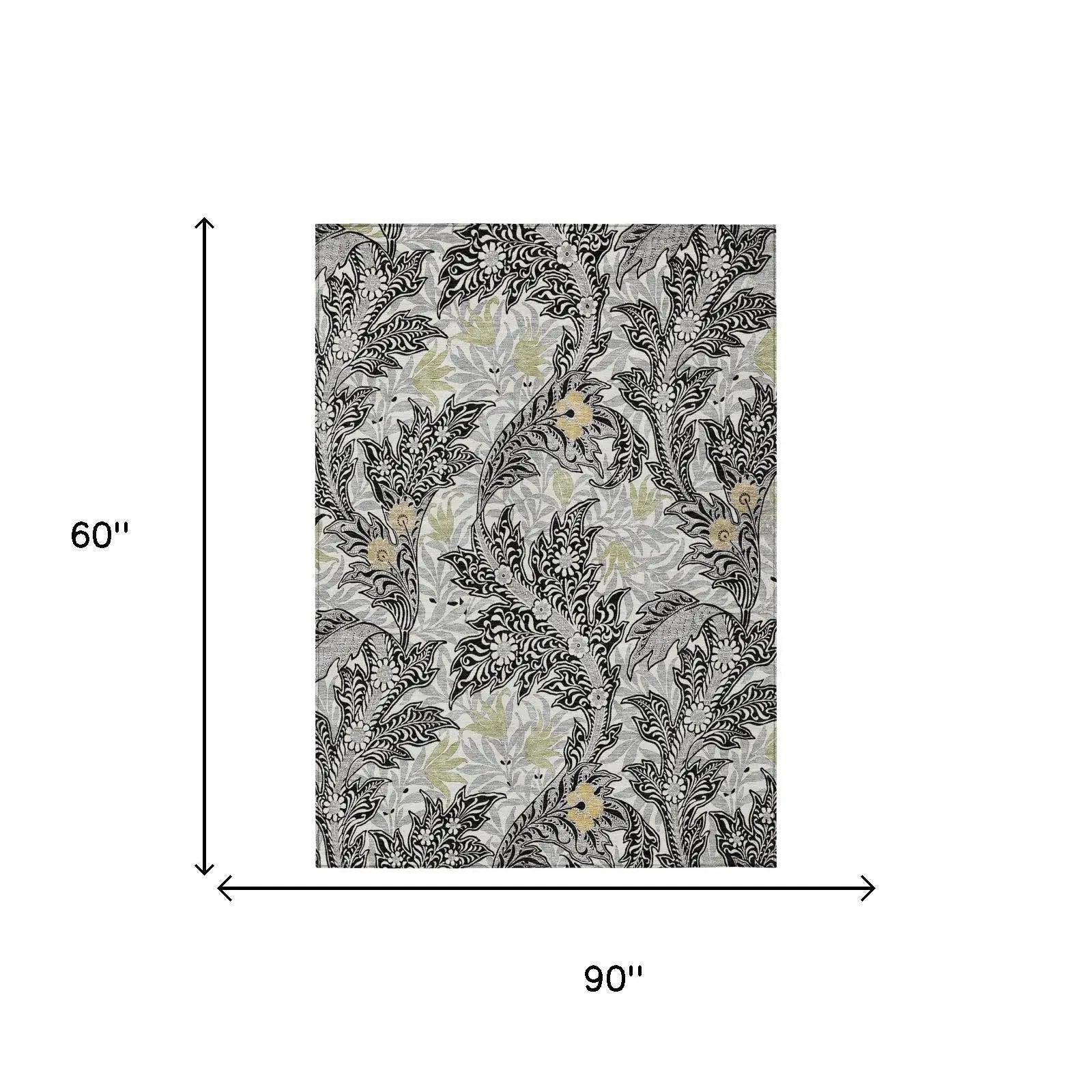 5' X 8' Black And Gray Botanical Leaves Washable Indoor Outdoor Area Rug Homeroots Outdoor