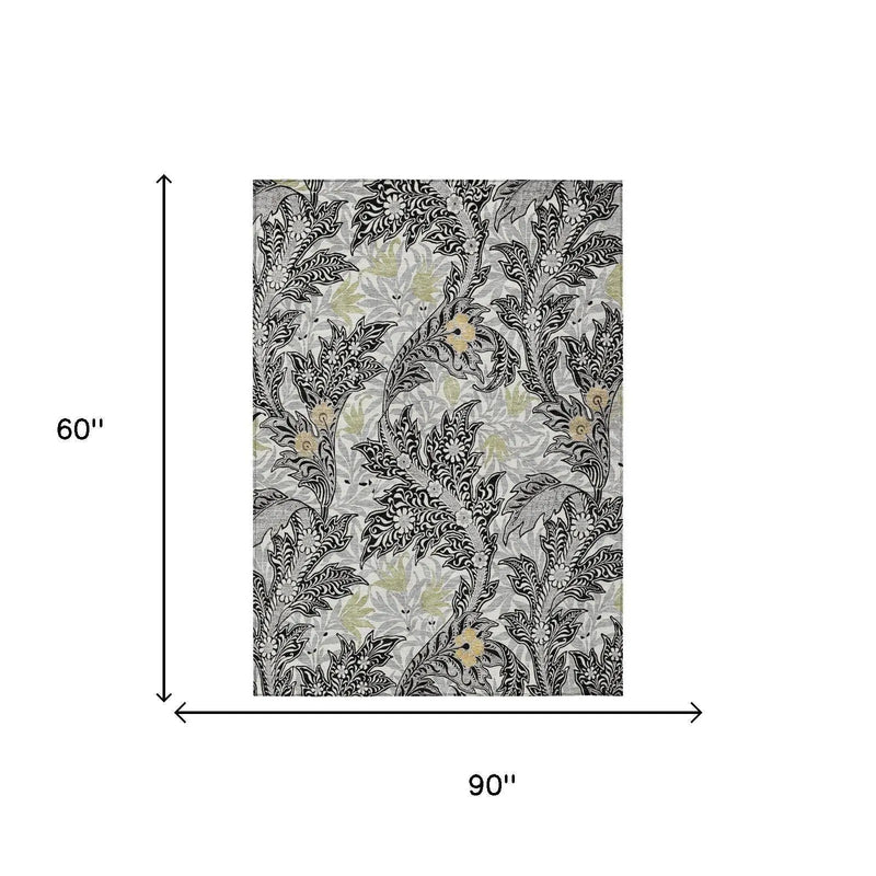 5' X 8' Black And Gray Botanical Leaves Washable Indoor Outdoor Area Rug Homeroots Outdoor