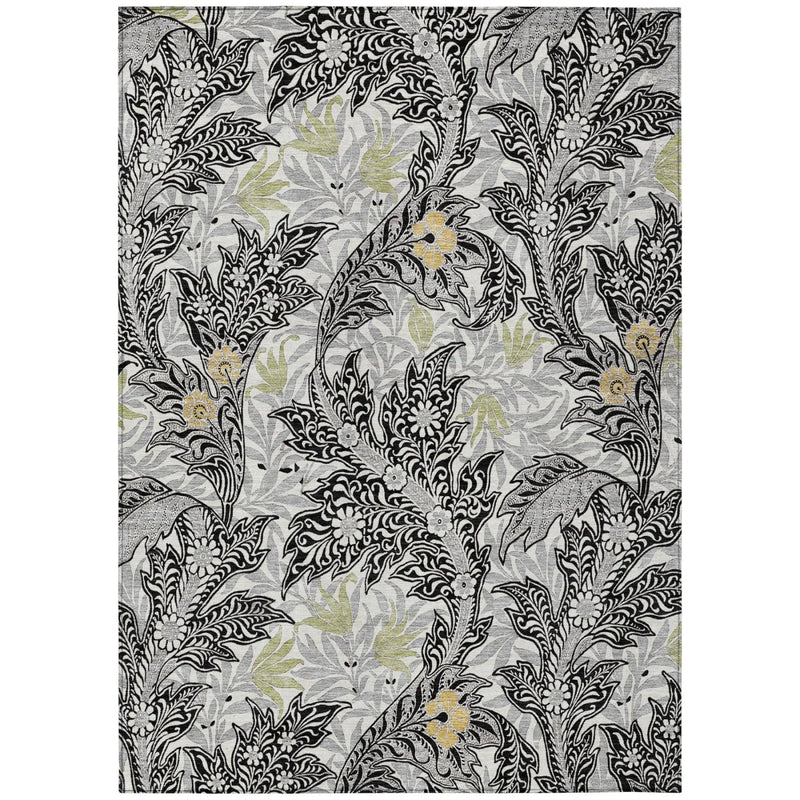 5' X 8' Black And Gray Botanical Leaves Washable Indoor Outdoor Area Rug Homeroots Outdoor