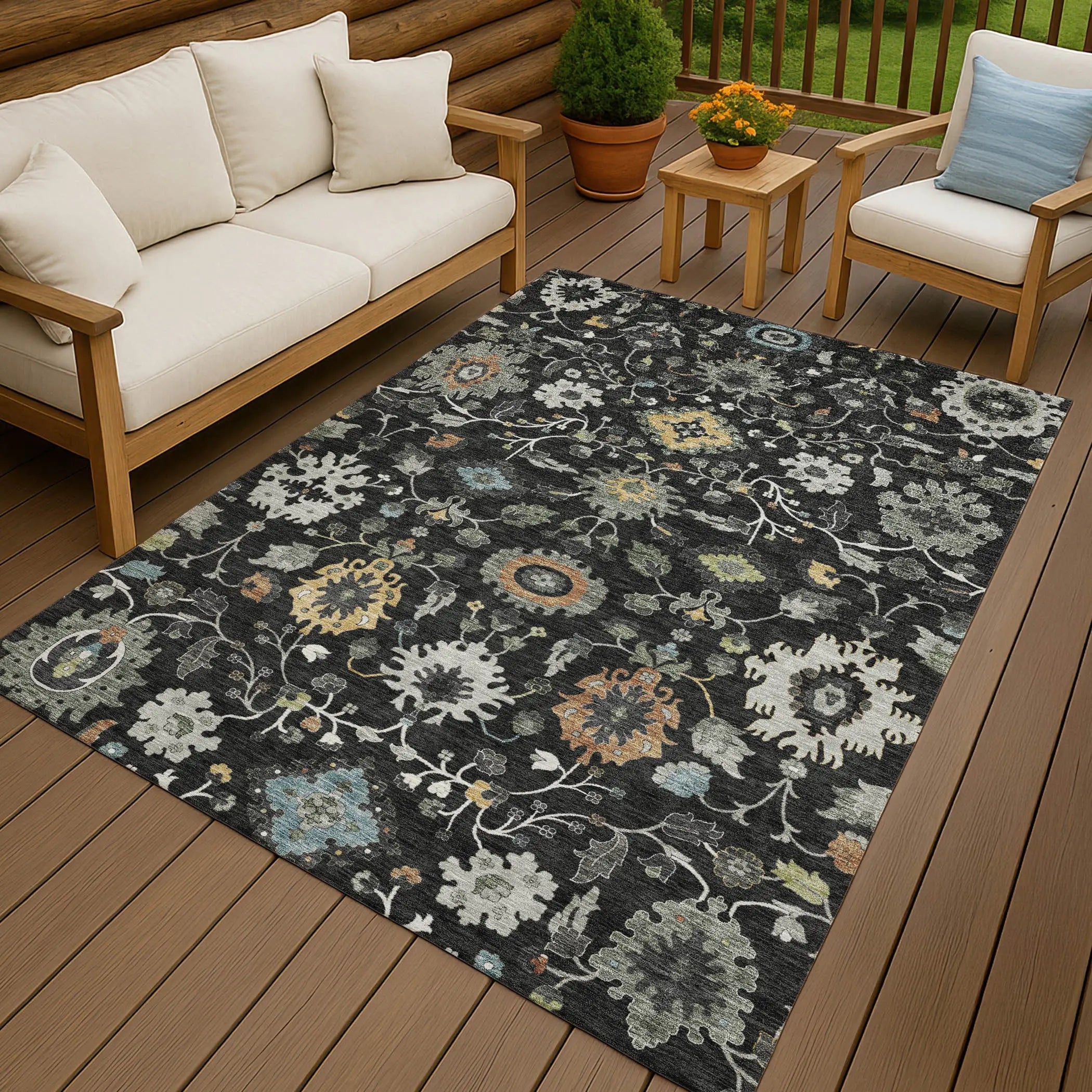 5' X 8' Black And Gray Floral Medallion Washable Indoor Outdoor Area Rug Homeroots Outdoor