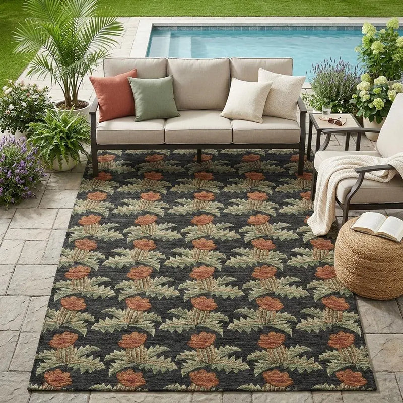 5' X 8' Black And Green Floral Washable Indoor Outdoor Area Rug Homeroots Outdoor