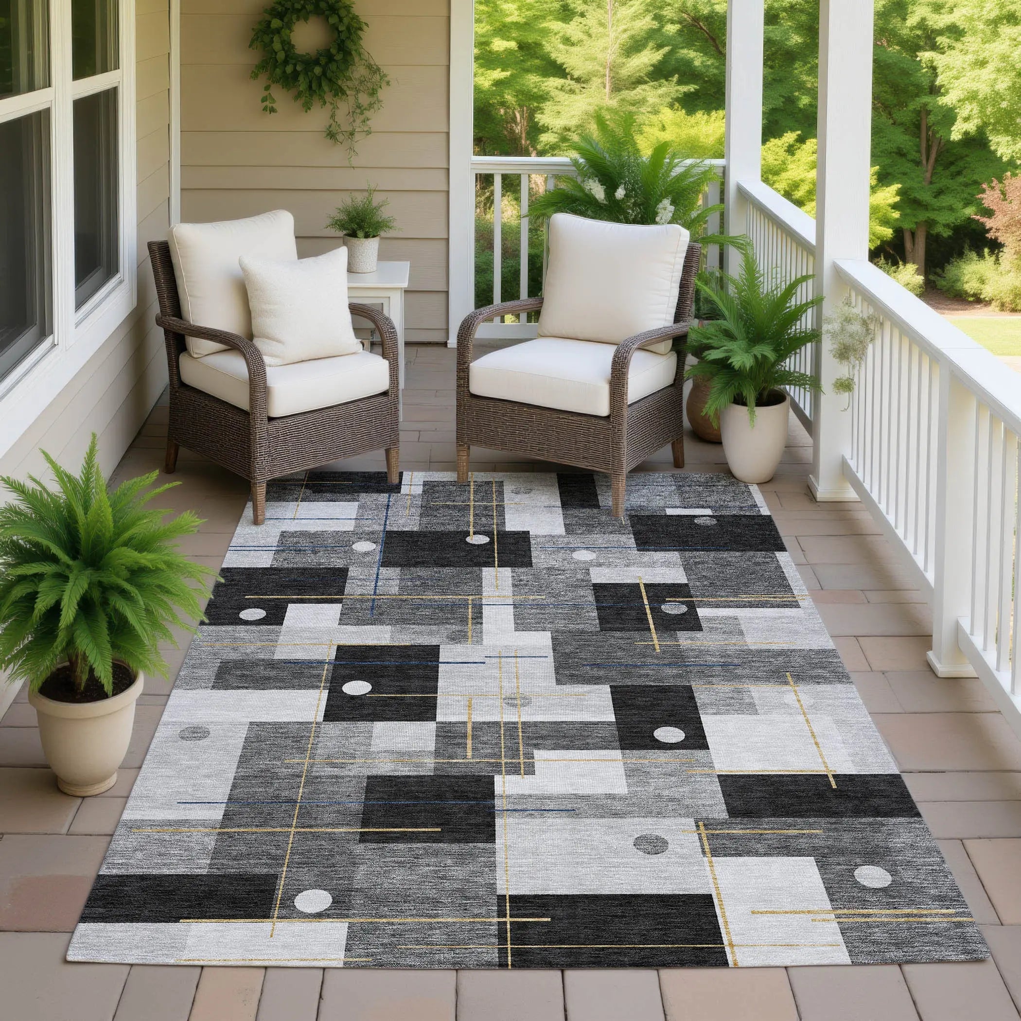 5' X 8' Black And Green Geometric Washable Indoor Outdoor Area Rug Homeroots Outdoor