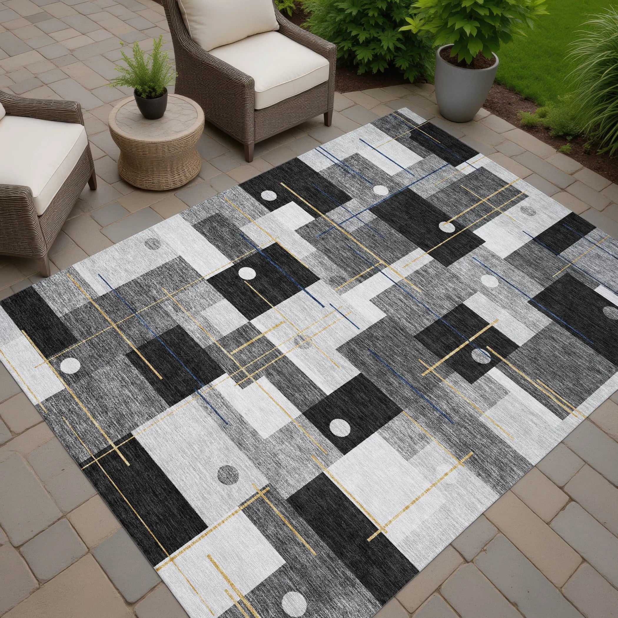 5' X 8' Black And Green Geometric Washable Indoor Outdoor Area Rug Homeroots Outdoor