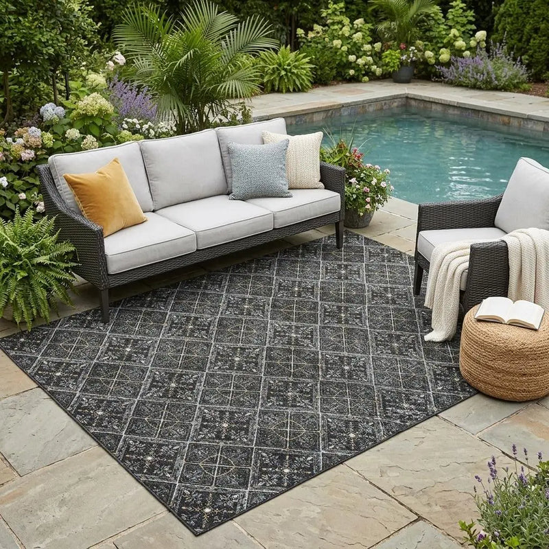 5' X 8' Black And Green Geometric Washable Indoor Outdoor Area Rug Homeroots Outdoor