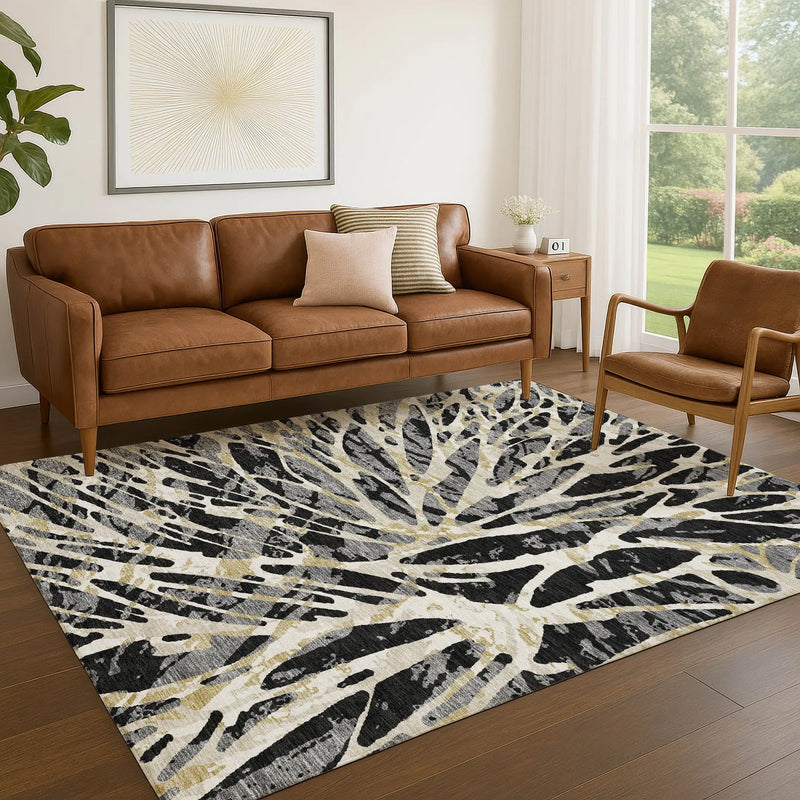 5' X 8' Black And Ivory Abstract Washable Indoor Outdoor Area Rug Homeroots Outdoor