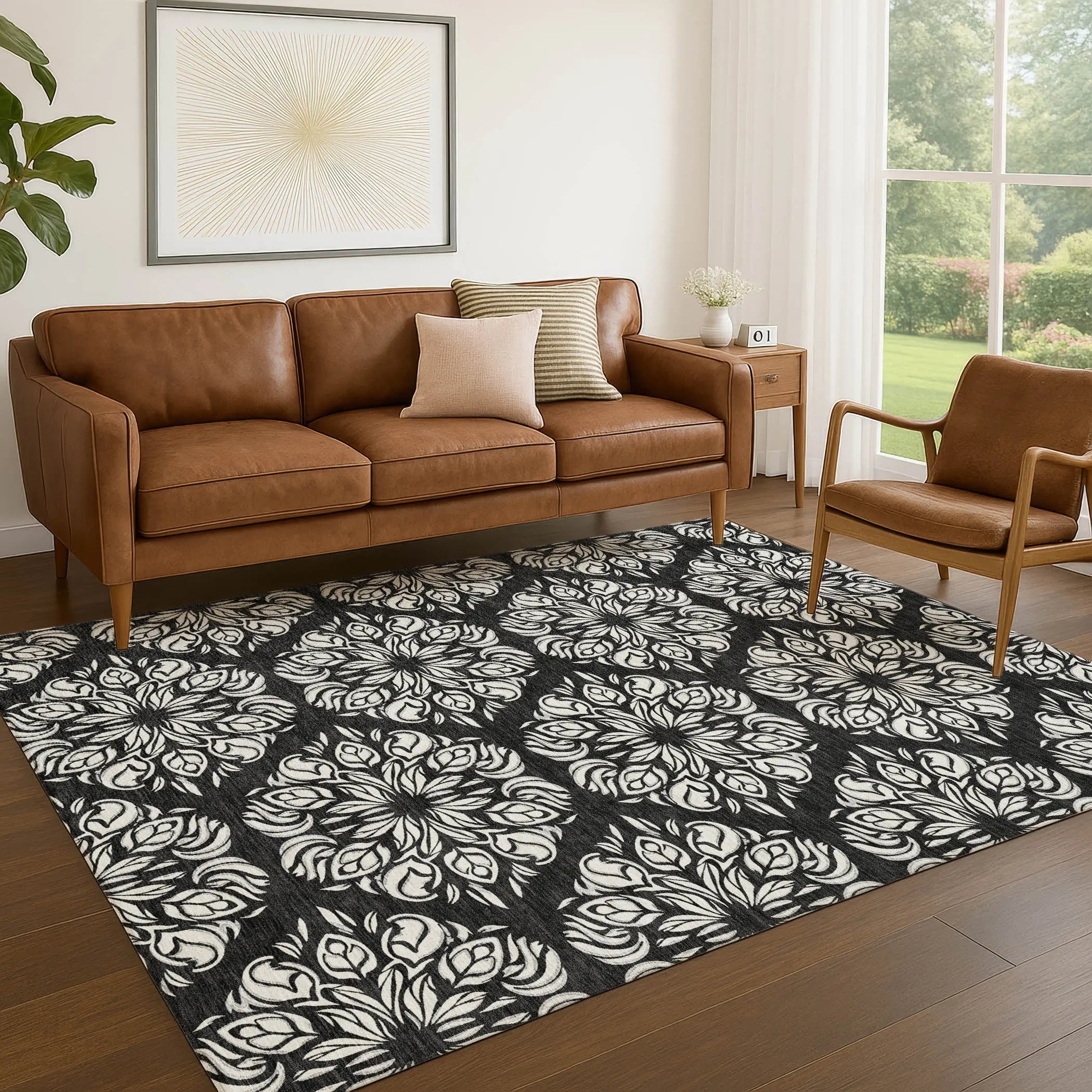 5' X 8' Black And Ivory Damask Washable Indoor Outdoor Area Rug Homeroots Outdoor
