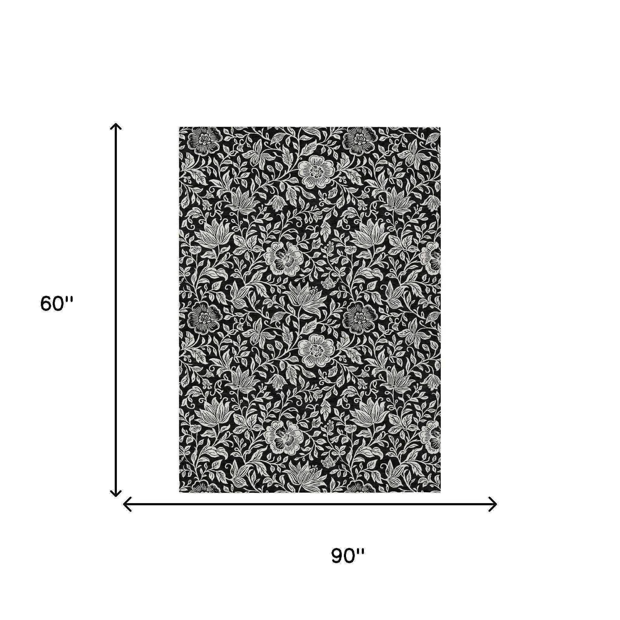 5' X 8' Black And Ivory Floral Washable Indoor Outdoor Area Rug Homeroots Outdoor
