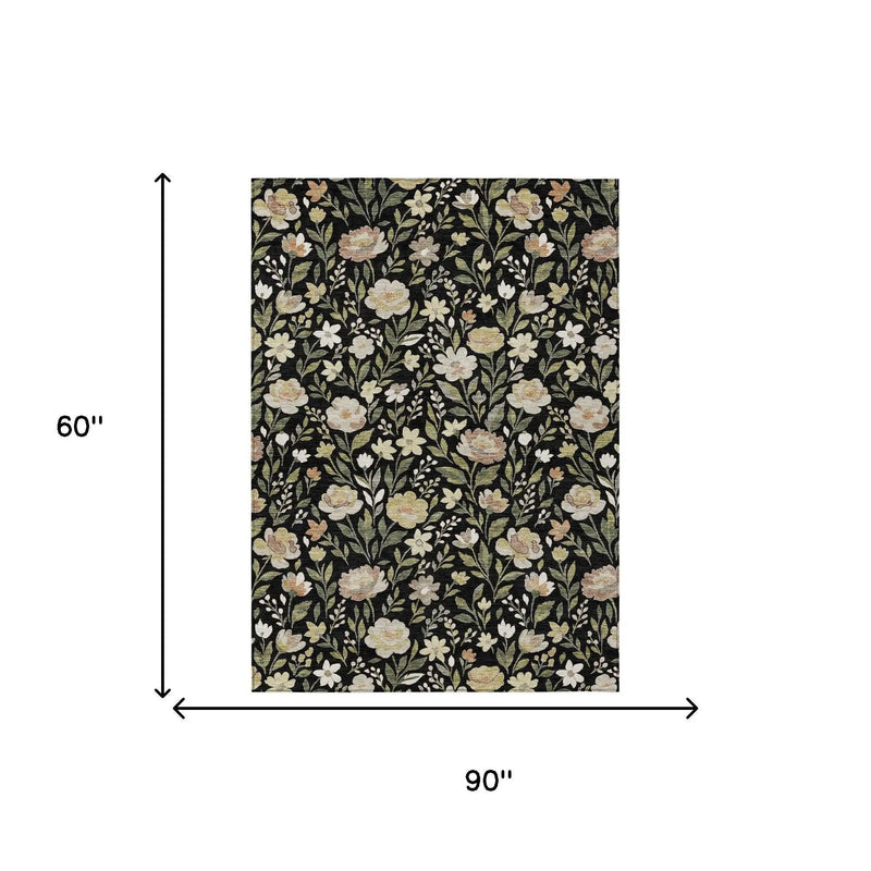 5' X 8' Black And Ivory Floral Washable Indoor Outdoor Area Rug Homeroots Outdoor